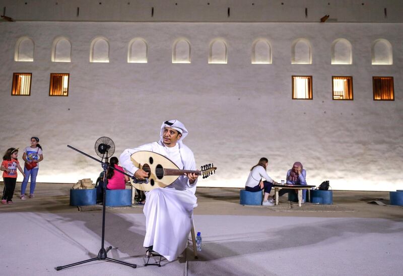 Abu Dhabi, United Arab Emirates, May 18, 2019. –  ‘Ramadan at Al Hosn’, which aims to revive the authentic traditions of Ramadan by recalling the memories rooted in our past, when the people of Abu Dhabi gathered at Qasr Al Hosn to celebrate the holy month. -- Oud player at Qasr Al Hosn.
Victor Besa/The National
Section:  NA
Reporter:
