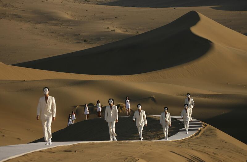 The Pierre Cardin catwalk in the desert of Whistling Sand Mountain, on the outskirts of Dunhuang in China's northwest Gansu province, in October 2007. AFP