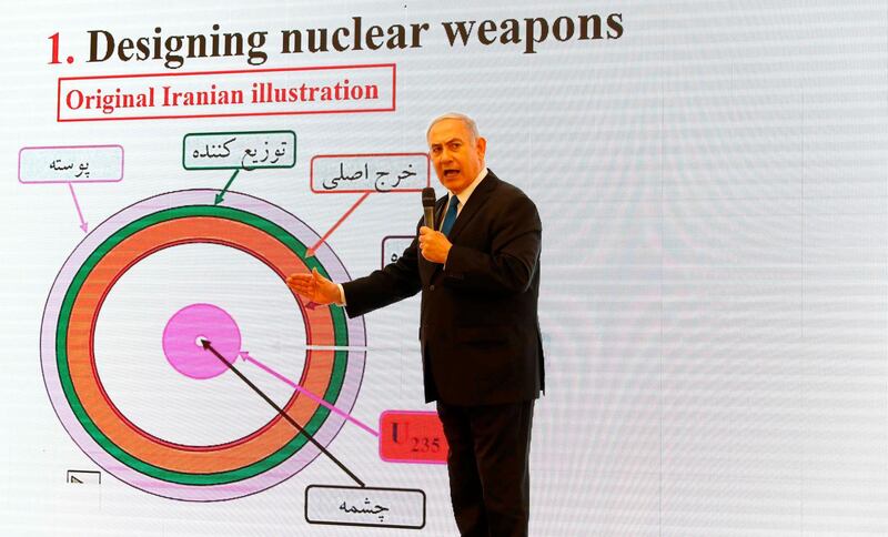 Israeli Prime Minister Benjamin Netanyahu delivers a speech on Iran's nuclear programme at the defence ministry in Tel Aviv on April 30, 2018. Jack Guez / AFP