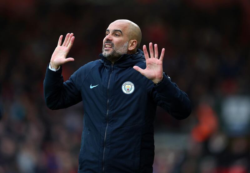 BOURNEMOUTH, ENGLAND - MARCH 02: Pep Guardiola the head coach / manager of Manchester City  during the Premier League match between AFC Bournemouth and Manchester City at Vitality Stadium on March 02, 2019 in Bournemouth, United Kingdom. (Photo by Catherine Ivill/Getty Images)