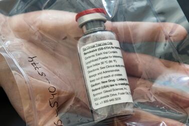 In this file photo taken on April 8, 2020 one vial of the drug Remdesivir lies during a press conference at the University Hospital Eppendorf (UKE) in Hamburg, northern Germany. AFP