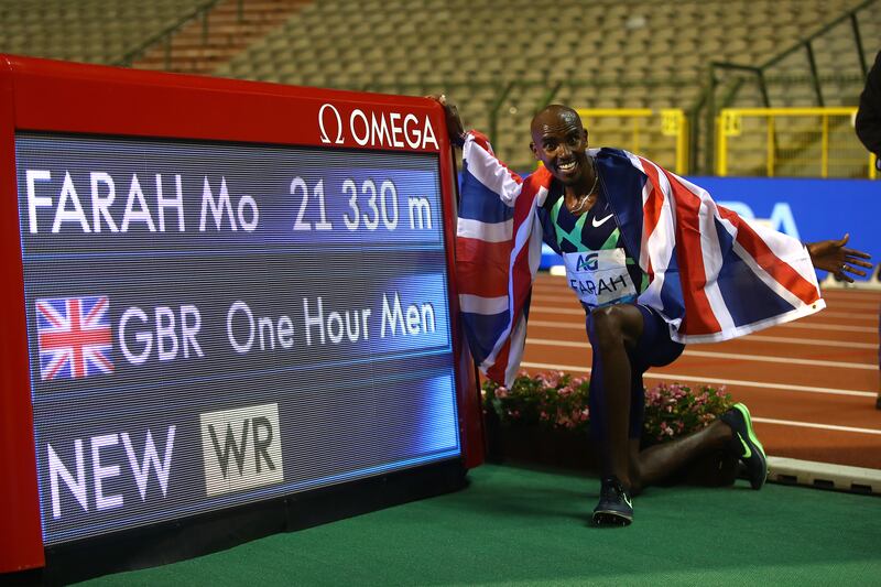 Farah celebrates winning the One Hour Race with a new World Record time in September 2020 in Brussels. Getty Images