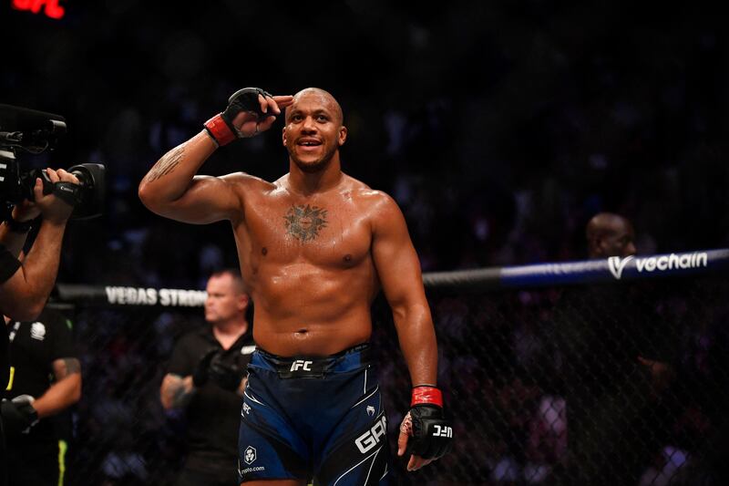 Ciryl Gane celebrates after defeating Tai Tuivasa in their UFC heavyweight fight in Paris. AFP
