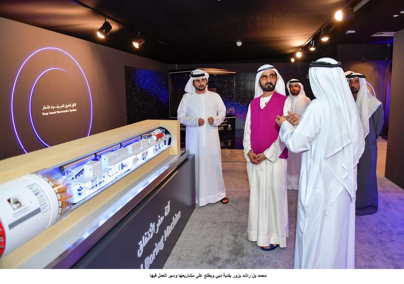 Sheikh Mohammed bin Rashid, Vice President and Ruler of Dubai, reviews projects by Dubai Municipality. Pictured also are Sheikh Maktoum bin Mohammed, Deputy Ruler of Dubai, and Sheikh Ahmed bin Saeed, president of Dubai Civil Aviation Authority and chairman and chief executive of Emirates airline and Group. Wam