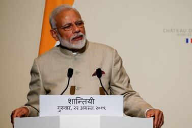 Indian Prime Minister Narendra Modi delivers a statement in Paris on August 22, 2019; the Indian lead has arrived in the UAE for a two-day visit AFP