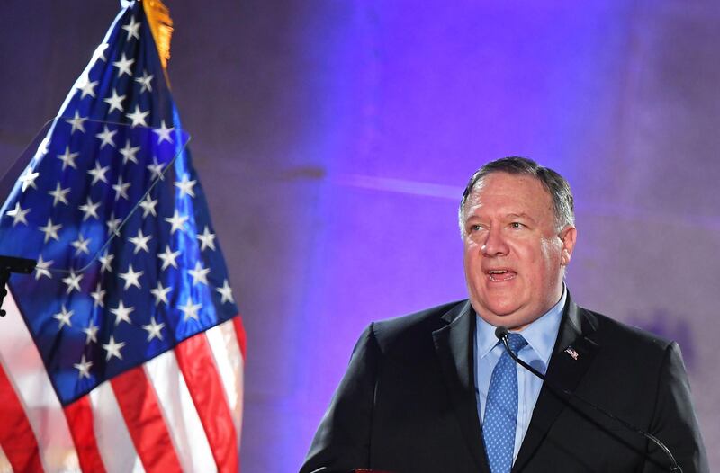 US Secretary of State Mike Pompeo delivers a keynote address at the Israeli Embassy's Independence Day Celebration at the Mellon Auditorium in Washington DC on May 22, 2019.  / AFP / MANDEL NGAN

