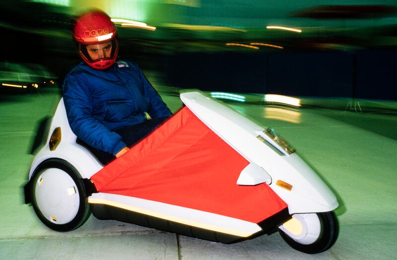 The new Sinclair C5 electric vehicle being tested at Alexandra Palace, London, in 1985. Getty Images