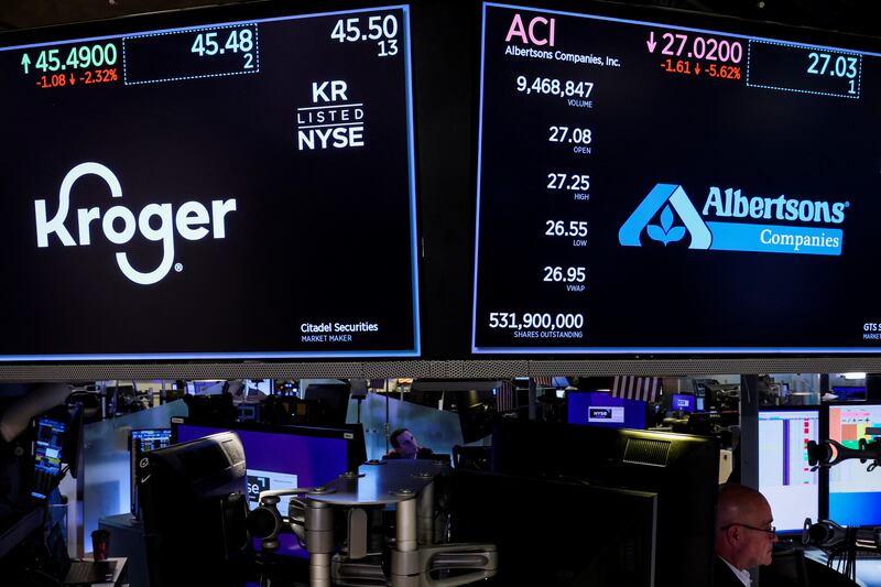 Shares of Kroger and Albertsons fell 7.3 per cent and 8.5 per cent, respectively, following the announcement of the acquisition. Reuters