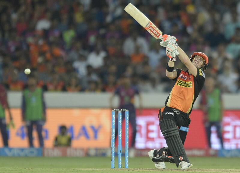 Sunrisers Hyderabad captain David Warner plays a shot during the 2017 Indian Premier League (IPL) Twenty20 cricket match between Sunrisers Hyderabad and Rising Pune Supergiants at Rajiv Gandhi International Cricket Stadium in Hyderabad on May 6, 2017. ------IMAGE RESTRICTED TO EDITORIAL USE - STRICTLY NO COMMERCIAL USE----- / GETTYOUT------ / AFP PHOTO / NOAH SEELAM / ----IMAGE RESTRICTED TO EDITORIAL USE - STRICTLY NO COMMERCIAL USE----- / GETTYOUT