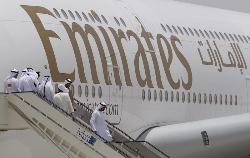 Sheikh Mohammed Bin Rashid descends the stairs of an A380 cargo plane at Dubai World Central Al Maktoum International Airport in 2010. AP Photo