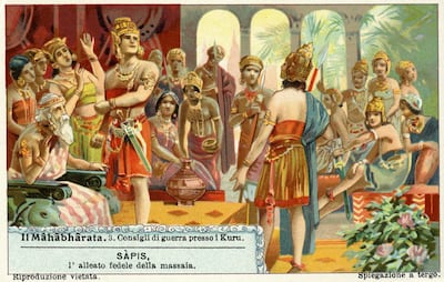 Mahabharata, Sanskrit epic poem. War council at Kuru. Liebig collectors' card 1931 (Photo by Culture Club/Getty Images)