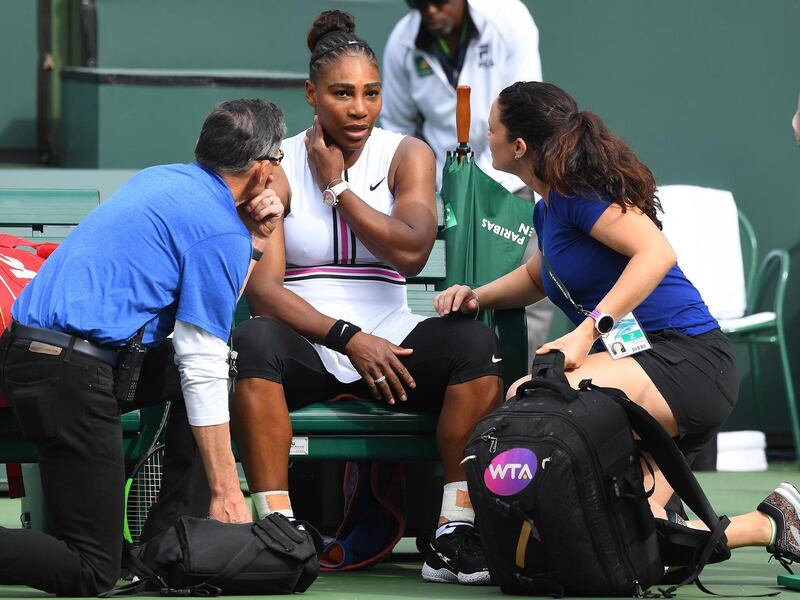 Mar 10, 2019; Indian Wells, CA, USA; Serena Williams (USA) receives medical attention after she retired in the second set of her third round match against Garbine Muguruza (not pictured) due do a viral illness in the BNP Paribas Open at the Indian Wells Tennis Garden. Mandatory Credit: Jayne Kamin-Oncea-USA TODAY Sports