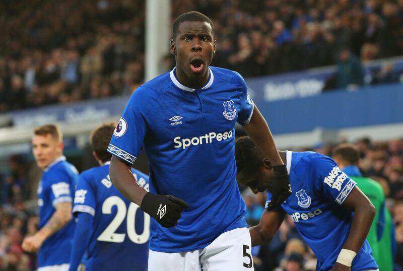 LIVERPOOL, ENGLAND - JANUARY 13:  Kurt Zouma of Everton celebrates after scoring his team's first goal with Idrissa Gueye (17) during the Premier League match between Everton FC and AFC Bournemouth at Goodison Park on January 13, 2019 in Liverpool, United Kingdom.  (Photo by Alex Livesey/Getty Images)