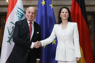 Iraqi Foreign Minister Fuad Hussein and his German counterpart Annalena Baerbock at the Bayerischer Hof hotel, the venue of the 60th Munich Security Conference, February, 17, 2024. Getty Images