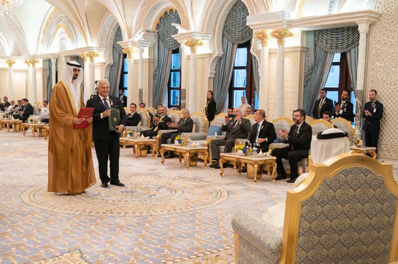 The leaders discussed the friendship and co-operation between the UAE and Brazil and ways to strengthen them in fields such as the economy, commerce and technology.