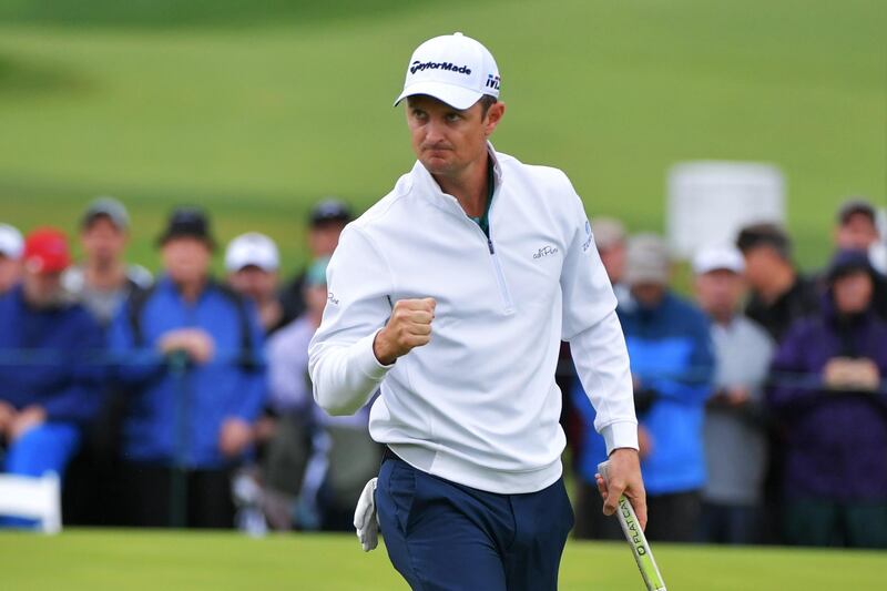 NEWTOWN SQUARE, PA - SEPTEMBER 10: Justin Rose of England pumps his fist after a birdie on the 16th hole during the weather delayed final round of the BMW Championship at Aronimink Golf Club on September 10, 2018 in Newtown Square, Pennsylvania.   Drew Hallowell/Getty Images/AFP
== FOR NEWSPAPERS, INTERNET, TELCOS & TELEVISION USE ONLY ==
