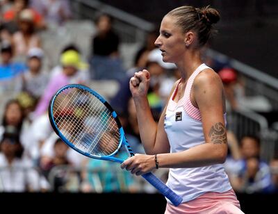 Karolina Pliskova of the Czech Republic reacts after defeating United States' Madison Brengle in their second round match at the Australian Open tennis championships in Melbourne, Australia, Thursday, Jan. 17, 2019. (AP Photo/Mark Schiefelbein)