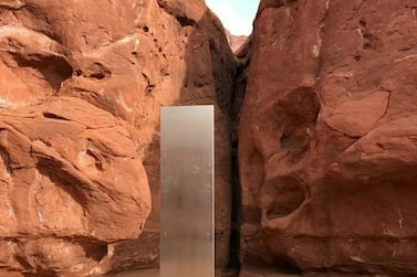 A metal monolith is pictured in a remote area of Red Rock Country in Utah, U.S. November 18, 2020. Picture taken November 18, 2020. Utah Department of Public Safety via REUTERS THIS IMAGE HAS BEEN SUPPLIED BY A THIRD PARTY. NO RESALES. NO ARCHIVES. MANDATORY CREDIT