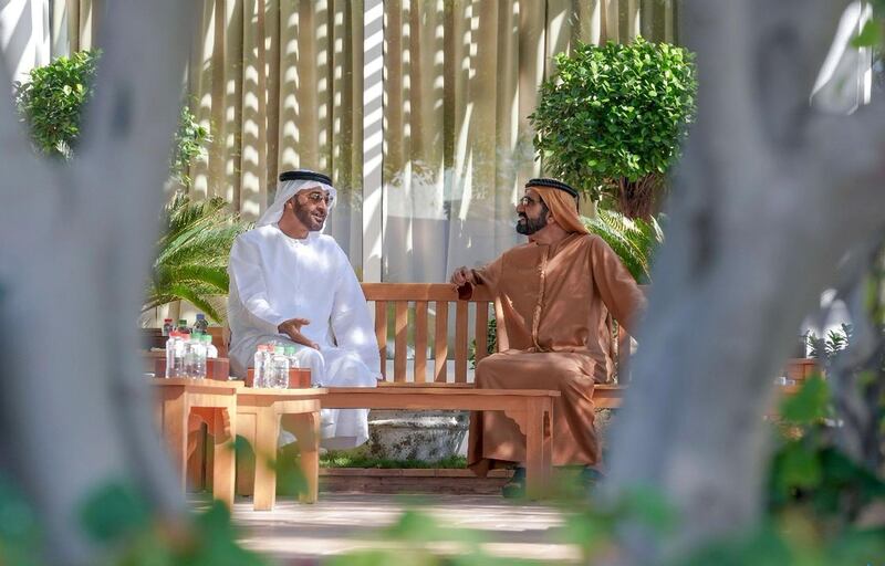 Sheikh Sheikh Mohammed bin Rashid, Vice President and Ruler of Dubai, exchanges New Year greetings on with Sheikh Mohammed bin Zayed, Crown Prince of Abu Dhabi and Deputy Supreme Commander of the Armed Forces, on Monday. Courtesy Dubai Media Office