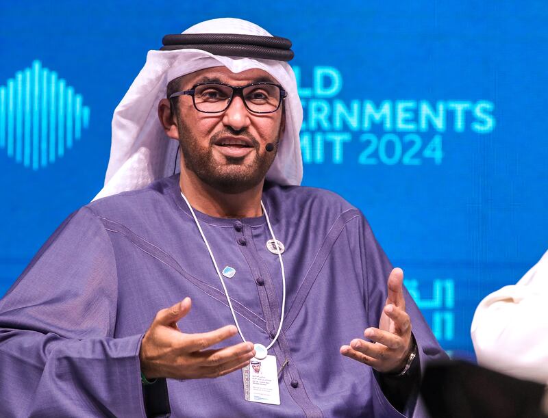 Dr Sultan Al Jaber, Minister of Industry and Advanced Technology and Cop28 President, at the World Governments Summit in Dubai. Victor Besa / The National
