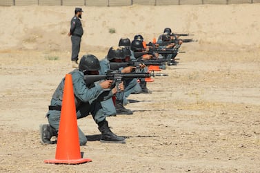 Afghan policemen attend a training session in Kandahar, Afghanistan, 21 October 2019. EPA