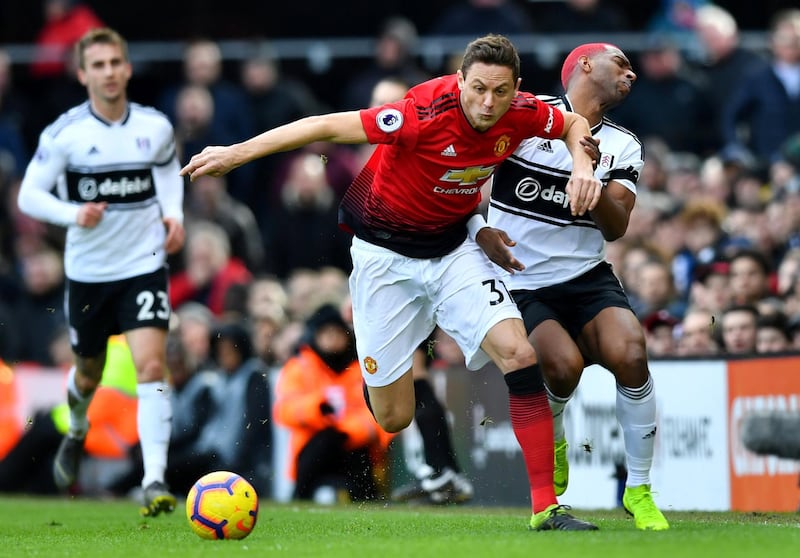 Manchester United's Nemanja Matic, left, in action with Fulham's Ryan Babel during United's 3-0 Premier League win at Craven Cottage on Saturday. Reuters