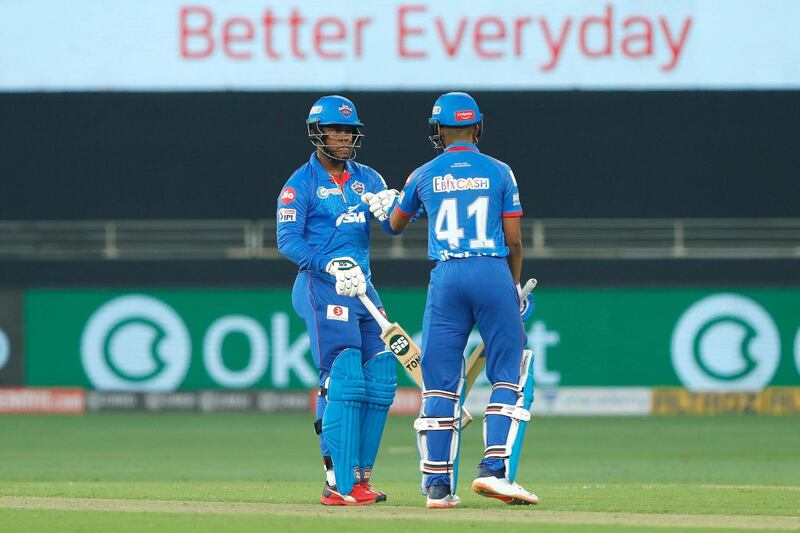 Shreyas Iyer captain of Delhi Capitals  and other The Delhi Capitals  batsman celebrating during match 2 of season 13 of Dream 11 Indian Premier League (IPL) between Delhi Capitals and Kings XI Punjab held at the Dubai International Cricket Stadium, Dubai in the United Arab Emirates on the 20th September 2020.  Photo by: Saikat Das  / Sportzpics for BCCI