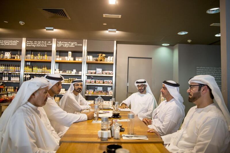 Lunch at Jones the Grocer in Abu Dhabi yesterday for Sheikh Mohammed bin Rashid, Prime Minister and Ruler of Dubai; Sheikh Mohammed bin Zayed, Crown Prince of Abu Dhabi and Deputy Supreme Commander of the Armed Forces; Sheikh Mansour bin Zayed, Minister of Presidential Affairs; Sheikh Saif bin Zayed, Minister of Interior; Mohammed Al Gergawi, Minister of Cabinet Affairs; and Lt Gen Musabbeh Al Fattan, director of the Dubai Ruler’s Office. The Prime Minister also chaired a Cabinet meeting at which foreign policy and humanitarian aid topped the agenda. Mohamed Al Hammadi / Crown Prince Court – Abu Dhabi
