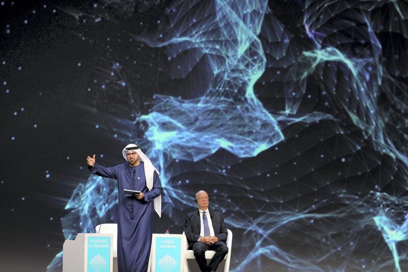 Dubai, United Arab Emirates - February 10, 2019: H.E. Mohammad Al Gergawi Minister of Cabinet Affairs and the Future, Chairman of the World Government Summit speaks at the opening of the summit during day 1 at the World Government Summit. Sunday the 10th of February 2019 at Madinat, Dubai. Chris Whiteoak / The National