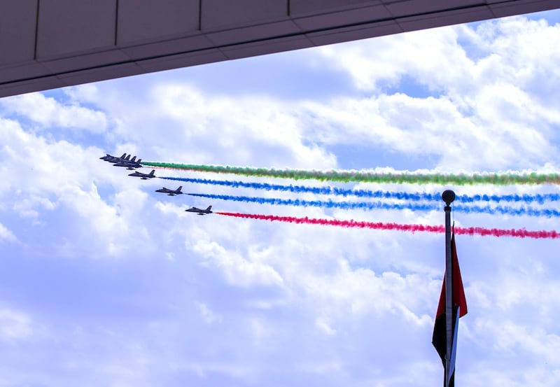 Abu Dhabi, United Arab Emirates, February 23, 2021.  Idex 2021 Day 3.
 Al Fursan  air display at the ADNEC Grandstand.
Victor Besa / The National
Section:  NA