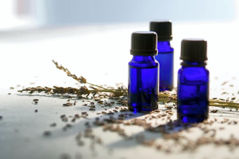 3 essential oil bottles, close-up