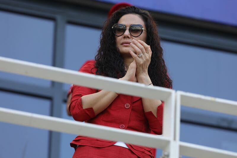 Preity Zinta, co-owner of Punjab Kings, during the match against Chennai Super Kings at the Dubai International Stadium on October 7, 2021. Sportzpics for IPL