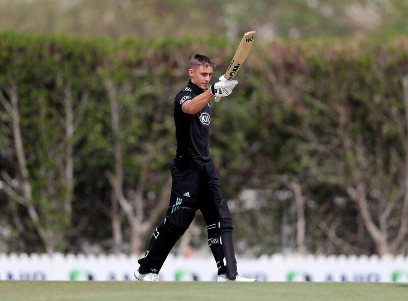 Dubai, United Arab Emirates - March 21, 2019: Surrey's Will Jacks makes a century in a T10 game against Lancashire. Thursday the 21st of March 2019 ICC Academy, Dubai. Chris Whiteoak / The National