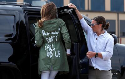 U.S. first lady Melania Trump walks from her to her motorcade wearing a Zara design jacket with the phrase "I Really Don't Care. Do U?" on the back as she returns to Washington from a visit to the U.S.-Mexico border area in Texas, at Joint Base Andrews, Maryland, U.S., June 21, 2018. REUTERS/Kevin Lamarque?