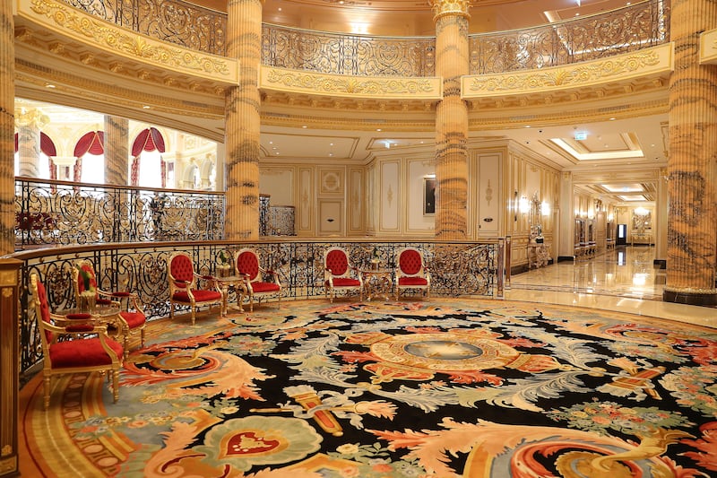 The ornate lobby at Raffles The Palm Dubai on Palm Jumeirah