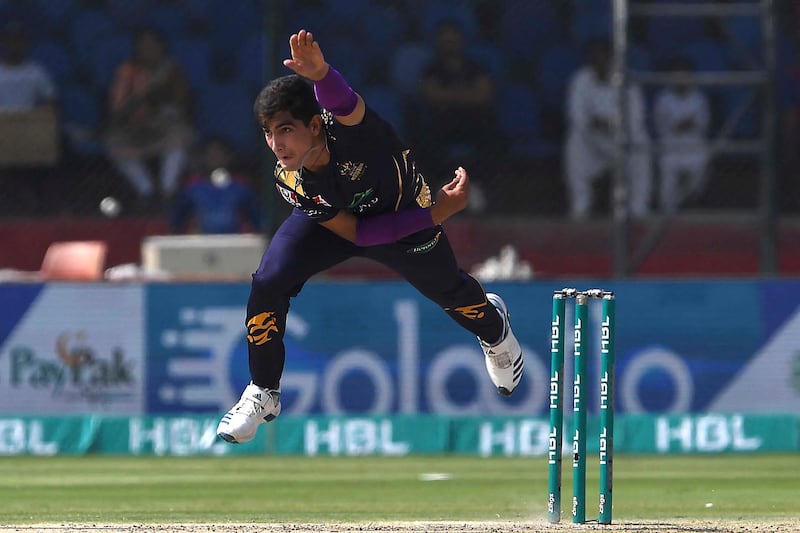 Quetta Gladiators Naseem Shah delivers a ball during the Pakistan Super League (PSL) T20 cricket match between Karachi Kings and Quetta Gladiators in the National Cricket Stadium in Karachi on February 23, 2020. (Photo by Asif HASSAN / AFP)