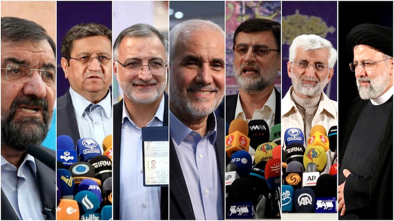 This combination of seven photos shows approved candidates for the June 18, Iranian presidential elections from left to right, Mohsen Rezaei, a former commander of the Revolutionary Guard, Abdolnasser Hemmati, head of central bank of Iran, Alireza Zakani, a former lawmaker, Mohsen Mehralizadeh, a former provincial governor, Amir Hossein Ghazizadeh Hashemi, deputy Parliament Speaker, Saeed Jalili, former top nuclear negotiator, Ebrahim Raisi, head of the Judiciary. Iran named the seven candidates Tuesday, May 25 and barred prominent candidates allied to its current president amid tensions with the West over its tattered nuclear deal. (AP Photo)