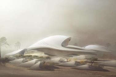 A rendering of the exterior of Bee’ah Headquarters Sharjah, UAE. Render by MIR ©Zaha Hadid Architects