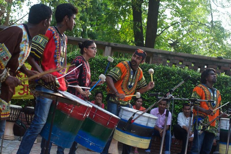 Indian Folk Band, a group of Dalit djembe and folk percussionists from Karnataka, play at Delhi University as part of Relaa’s Delhi yatra. Shiv Ahuja for The National