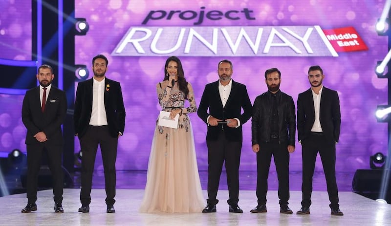 From left: contestants Alaa Najd and Rayan Atlas; show hosts Jessica Kahawaty and Fares Shehri; contestants Issa Hesso and Salim Chebil. Najd won Season 1 of Project Runway Middle East.