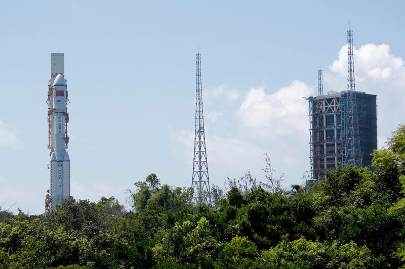 A Long March-7 carrying a Tianzhou-2 cargo spacecraft is moved to the launch area at the Wenchang Spacecraft Launch Site in southern China's Hainan Province on May 16, 2021. Xinhua via AP