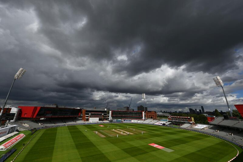 An angry-looking sky above Old Trafford on Day 3. The weather forecast suggests Day 4 could be lost to rain. Getty