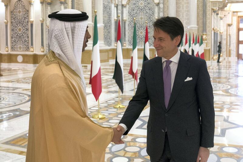 ABU DHABI, UNITED ARAB EMIRATES - November 15, 2018: HE Giuseppe Conte, Prime Minister of Italy (R), greets HH Sheikh Mansour bin Zayed Al Nahyan, UAE Deputy Prime Minister and Minister of Presidential Affairs (L), during a reception held at the Presidential Palace.
( Hamad Al Kaabi / Ministry of Presidential Affairs )?
---