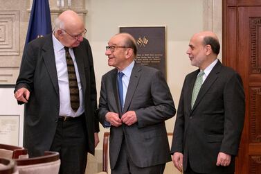 Paul Volcker (left) attending a ceremony in 2013 with other former US Federal Reserve chairmen Alan Greenspan (centre) and Ben Bernanke marking the 100th anniversary of the signing of the Federal Reserve Act. Mr Volcker died on Sunday. AP Photo.