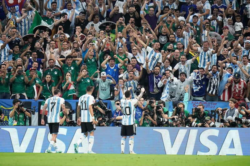 Lionel Messi acknowledges the crowd after scoring. AP
