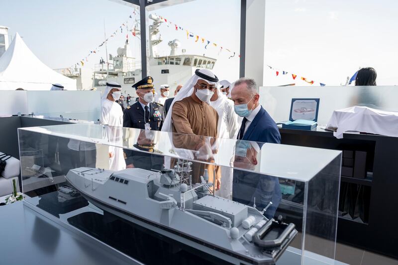 ABU DHABI, UNITED ARAB EMIRATES - February 23, 2021: HH Sheikh Mohamed bin Zayed Al Nahyan, Crown Prince of Abu Dhabi and Deputy Supreme Commander of the UAE Armed Forces (2nd R), tours the 2021 Naval Defence and Maritime Security Exhibition (NAVDEX), at ADNEC. 

( Hamad Al Kaabi / Ministry of Presidential Affairs )​
---