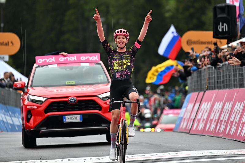 EF Education–EasyPost rider Georg Steinhauser celebrates after winning Stage 17, the first victory of his professional career. EPA