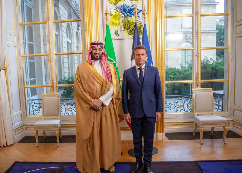 French President Emmanuel Macron and Saudi Crown Prince Mohammed bin Salman at the Elysee Palace in Paris on July 28. All photos: Saudi Press Agency