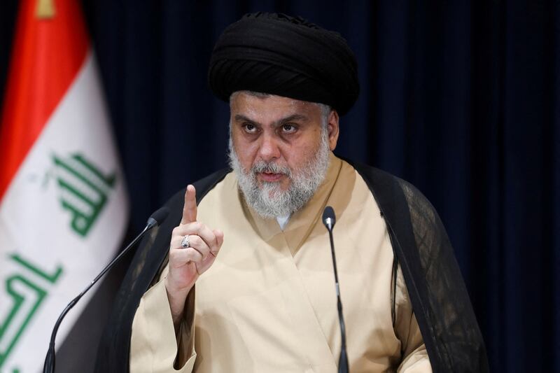 Iraqi cleric Muqtada Al Sadr after preliminary results of Iraq's parliamentary election were announced in Najaf, Iraq, on October 11, 2021. Reuters