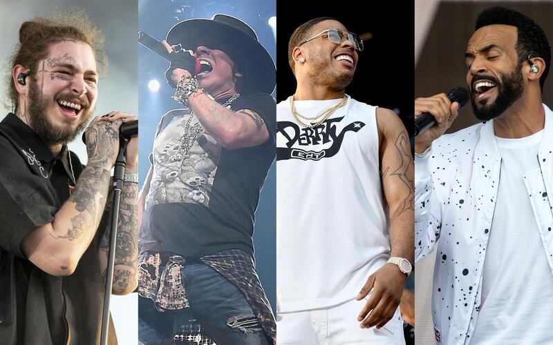 Post Malone, Axl Rose, Nelly, and Craig David. Getty Images and AFP